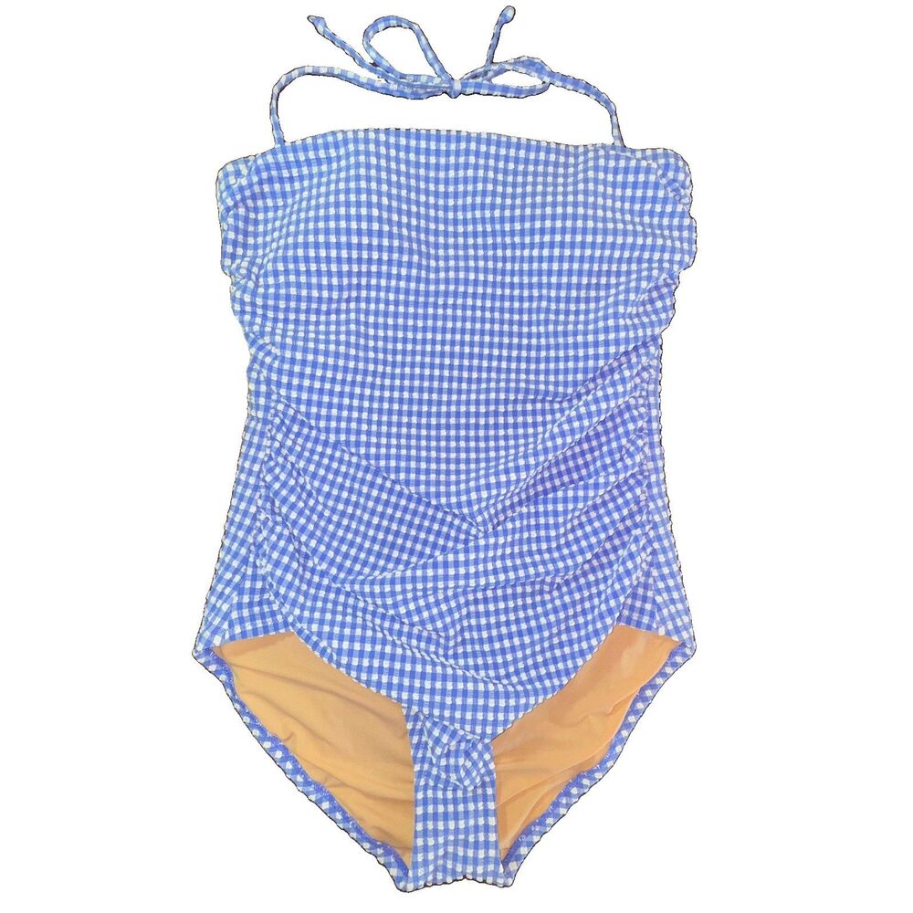 J.Crew Swimsuit Womens 2X Blue Gingham Textured Strapless One Piece Swimwear
